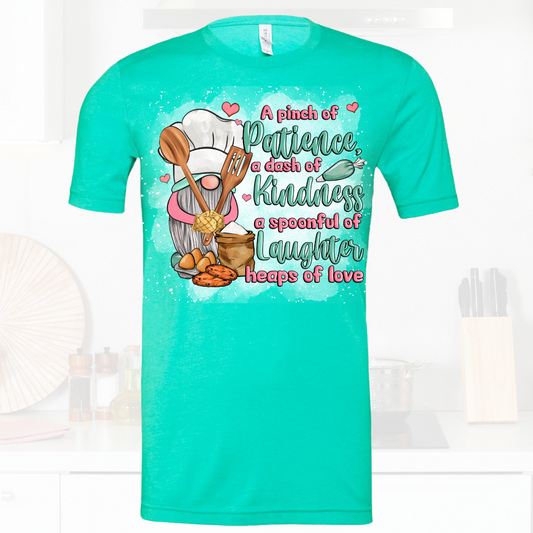Kindness Cooking Gnome Shirt with whimsical design and uplifting message, unisex sizing.