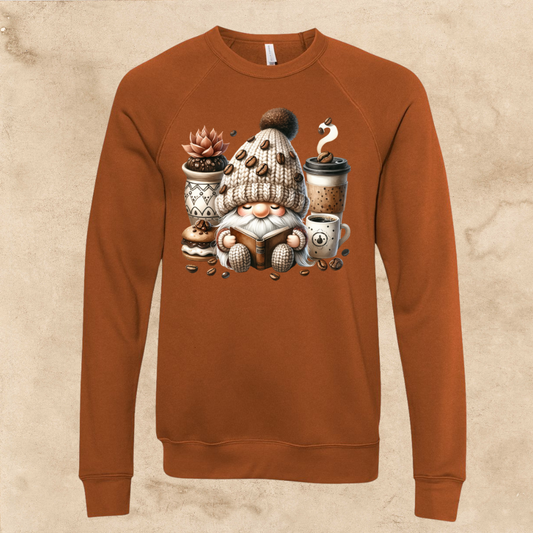 Coffee Gnome sweatshirt for adults with donut design, cozy and warm winter wear.