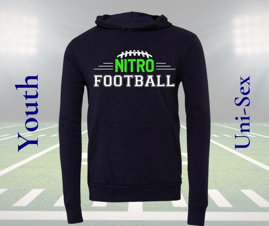Youth unisex Nitro Football Hoodie in black with green and white football graphic and front pocket