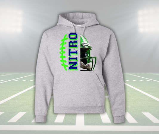 Youth unisex gray Nitro Hoodie with green football and helmet graphic on front, soft and lightweight for game-day wear