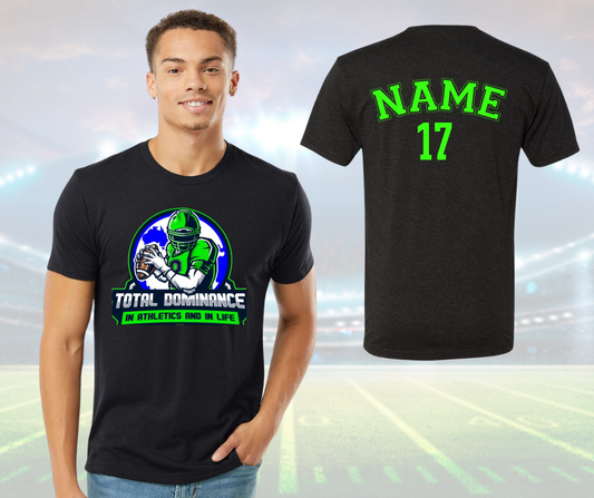 Black Total Dominance youth football shirt with green and blue logo and customizable name and number on back