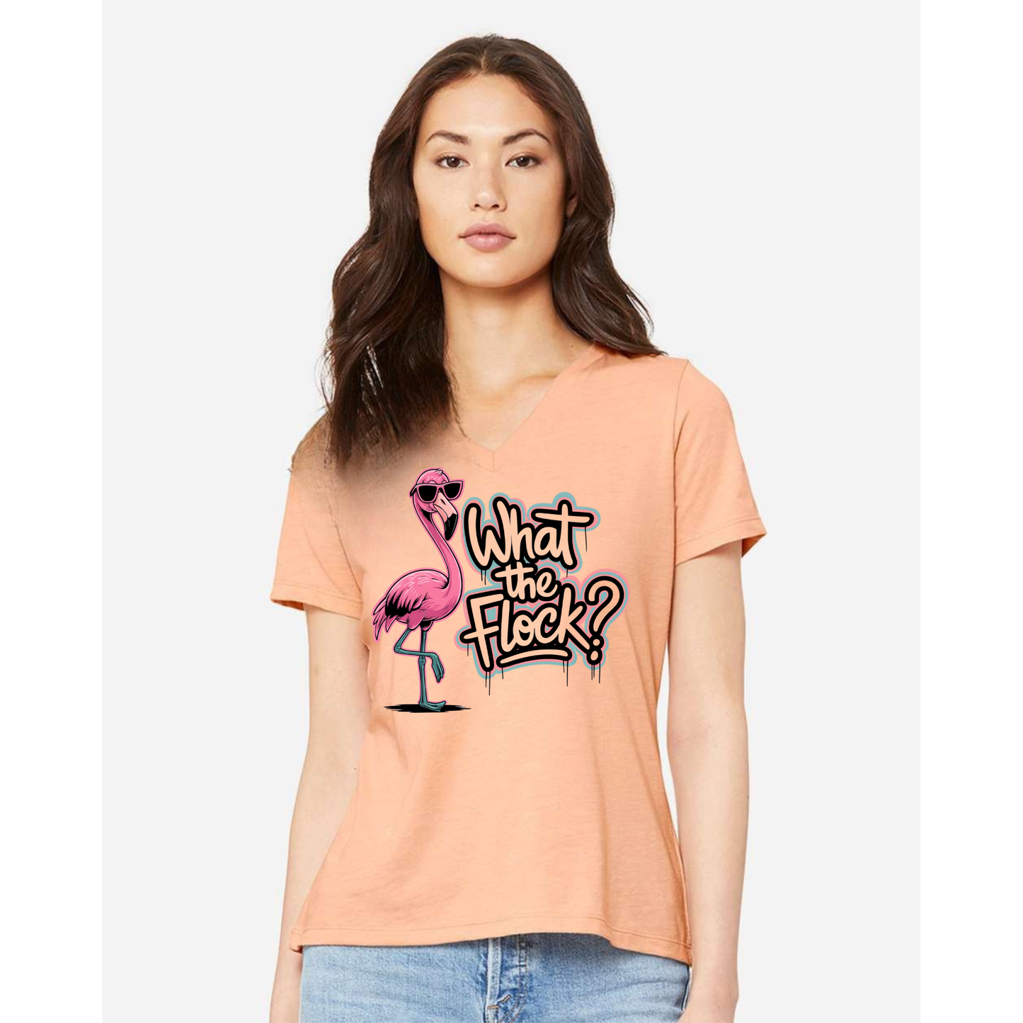 Women's "What the Flock?" flamingo V-neck tee with tropical flamingo graphic and relaxed fit