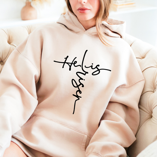 Risen Hoodie with "He Is Risen" graphic design for Easter celebration.