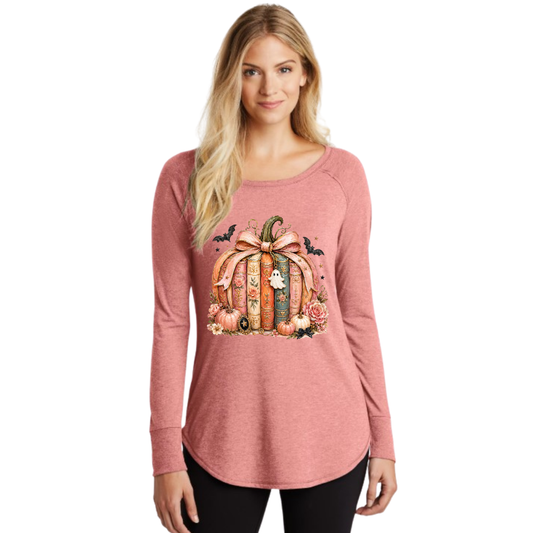 Pumpkin Book Stack Long Sleeve Tunic Tee