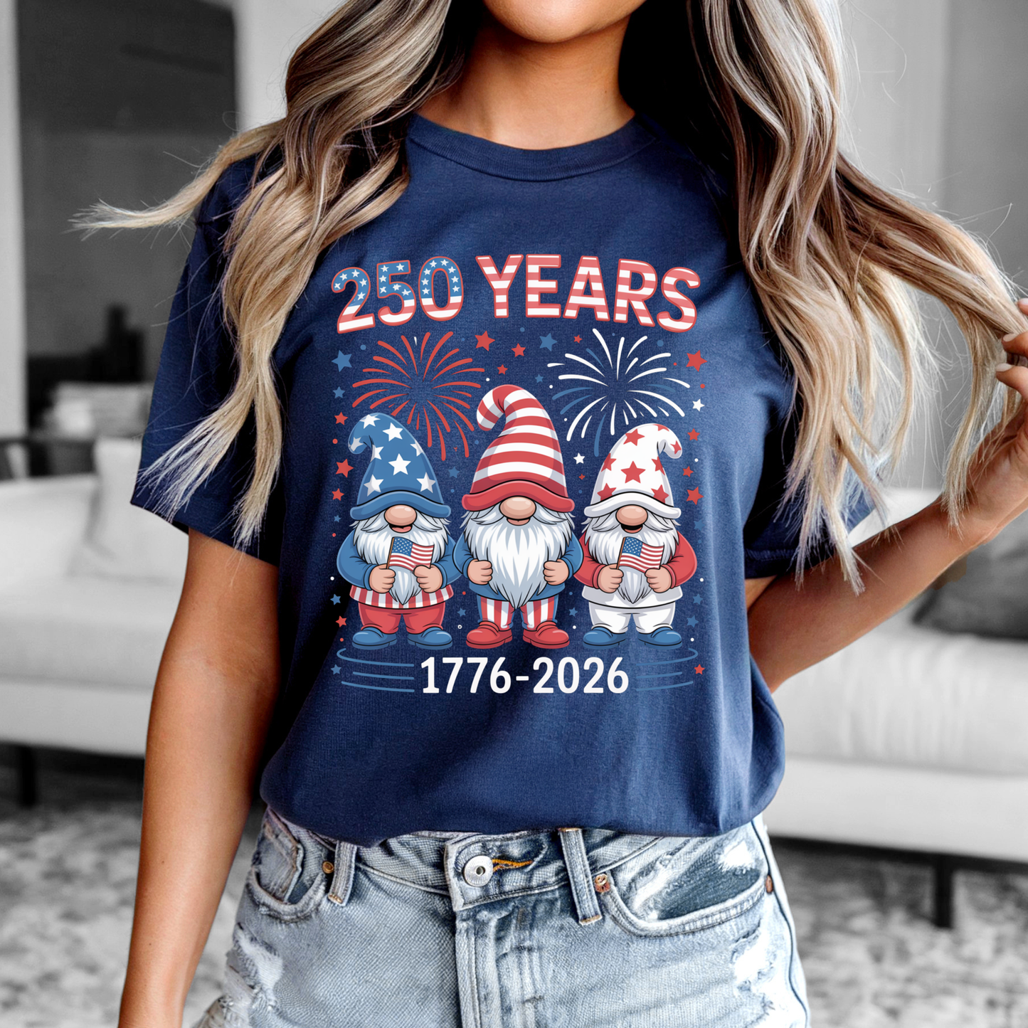 250 Years Patriotic Gnome Shirt with red, white, and blue gnomes and fireworks celebrating America's 1776-2026 anniversary on a Bella Canvas tee