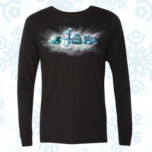 Winter Vibes Long Sleeve Adult Shirt with festive snowman design on black fabric.