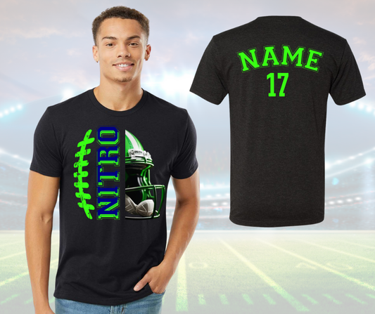 Adult unisex black crew neck Nitro Helmet Shirt with green and blue football design and customizable name and number on the back