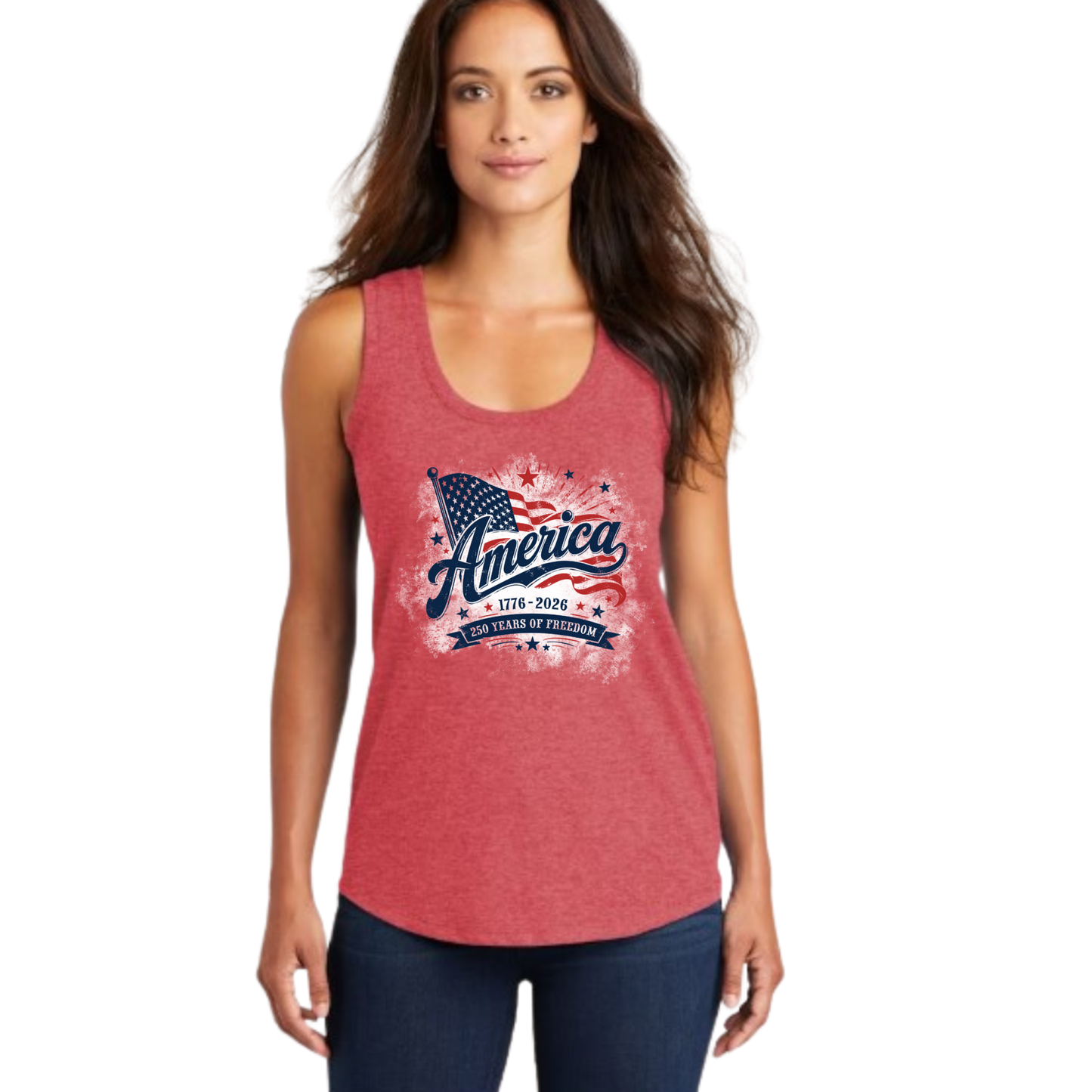 Women's racerback tank top featuring America 250 Years of Freedom vintage flag design