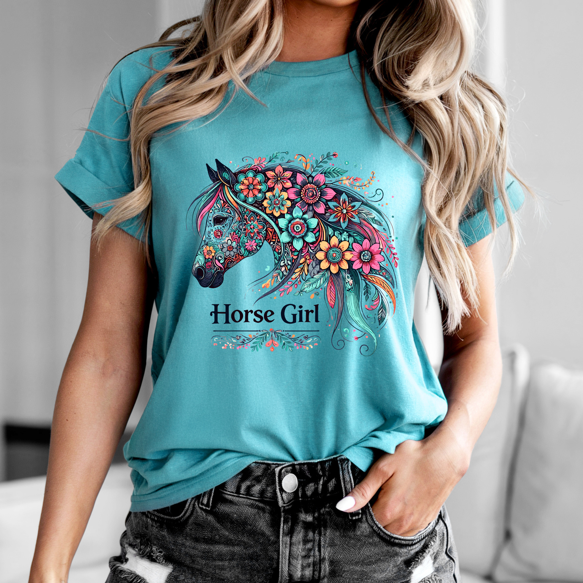 floral horse shirt - turquoise II