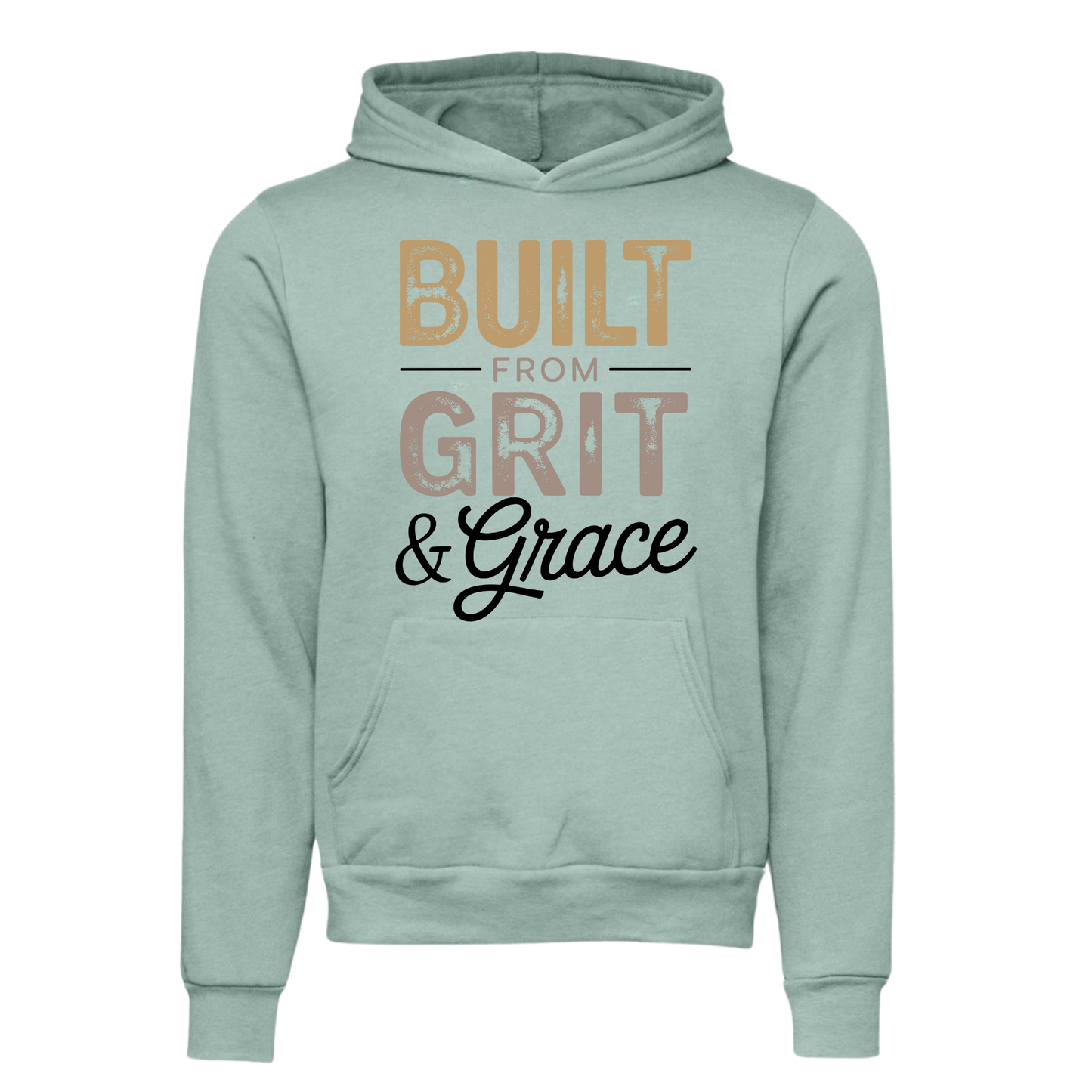 Women wearing Built From Grit & Grace Hoodie, faith-based inspirational design, soft cozy fabric, unisex fit with adjustable hood and pouch pocket