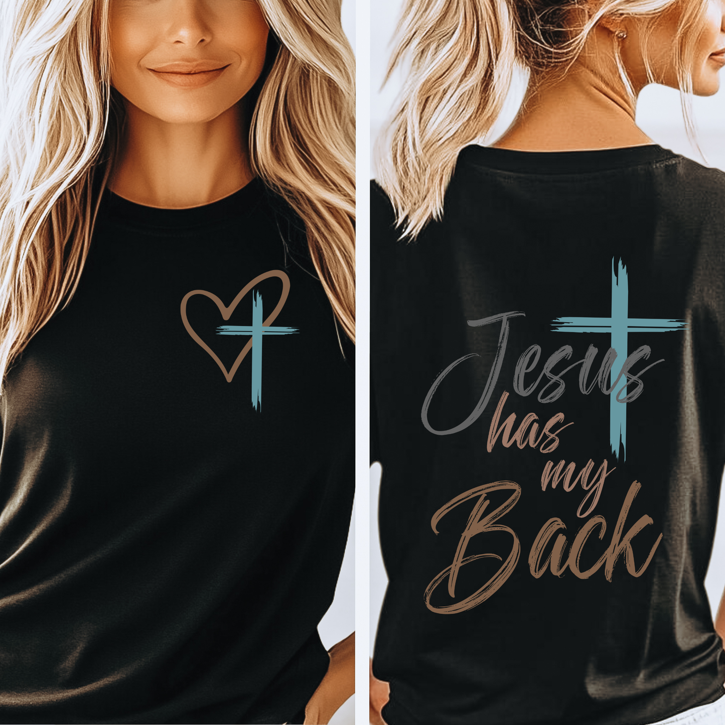 Jesus Has My Back Tee — Christian Cross Heart Short Sleeve Shirt