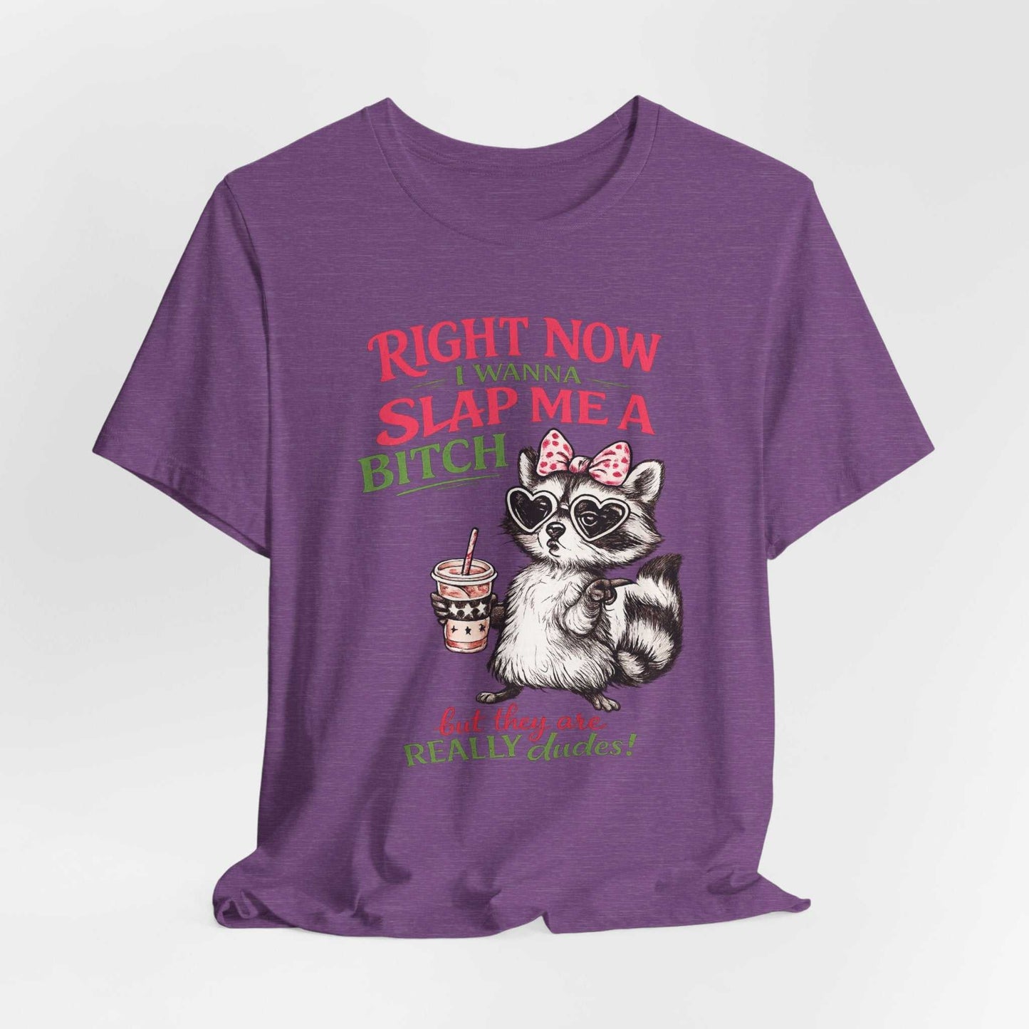 Graphic tee with sassy raccoon and "Right Now I Wanna Slap Me a BITCH" retro design