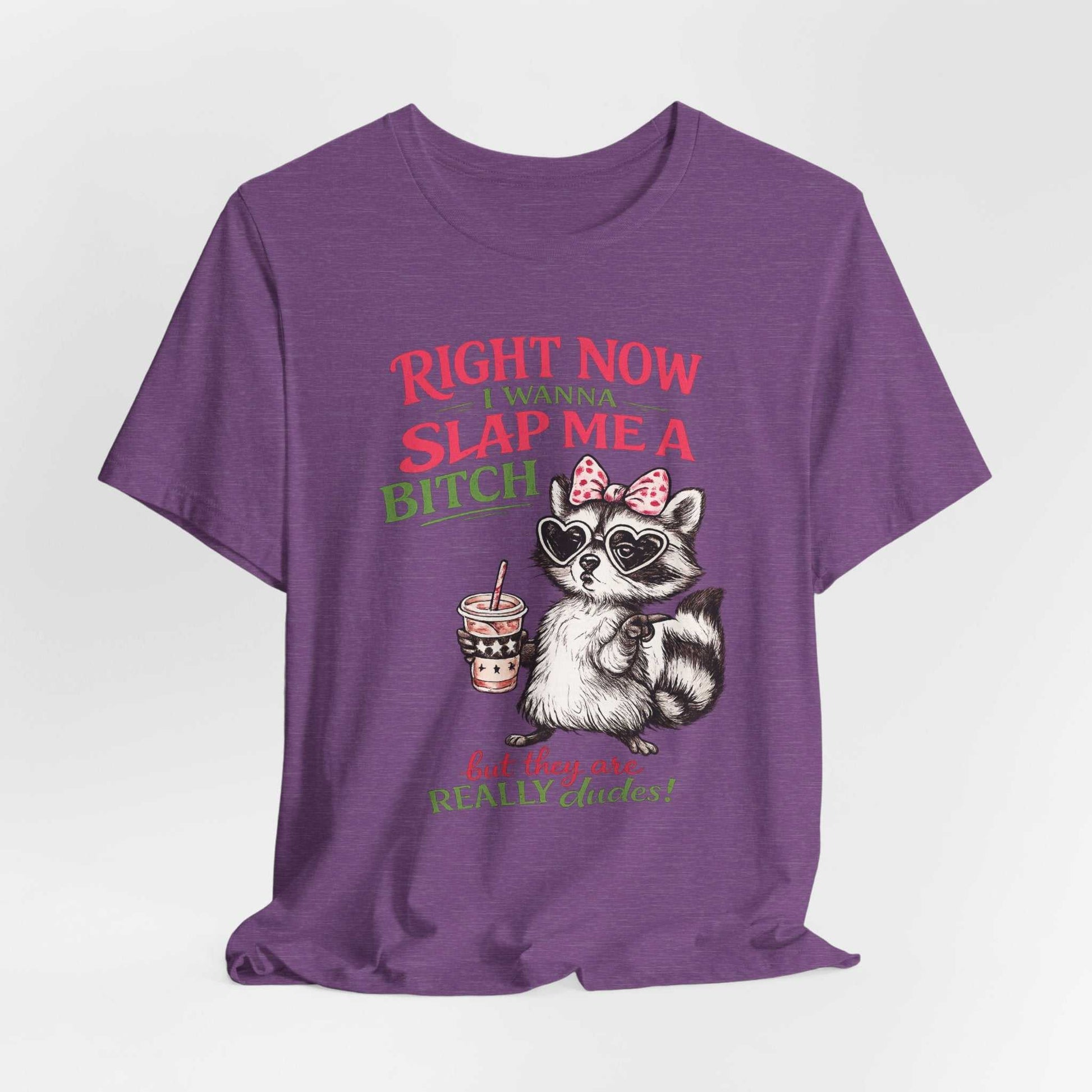 Graphic tee with sassy raccoon and "Right Now I Wanna Slap Me a BITCH" retro design