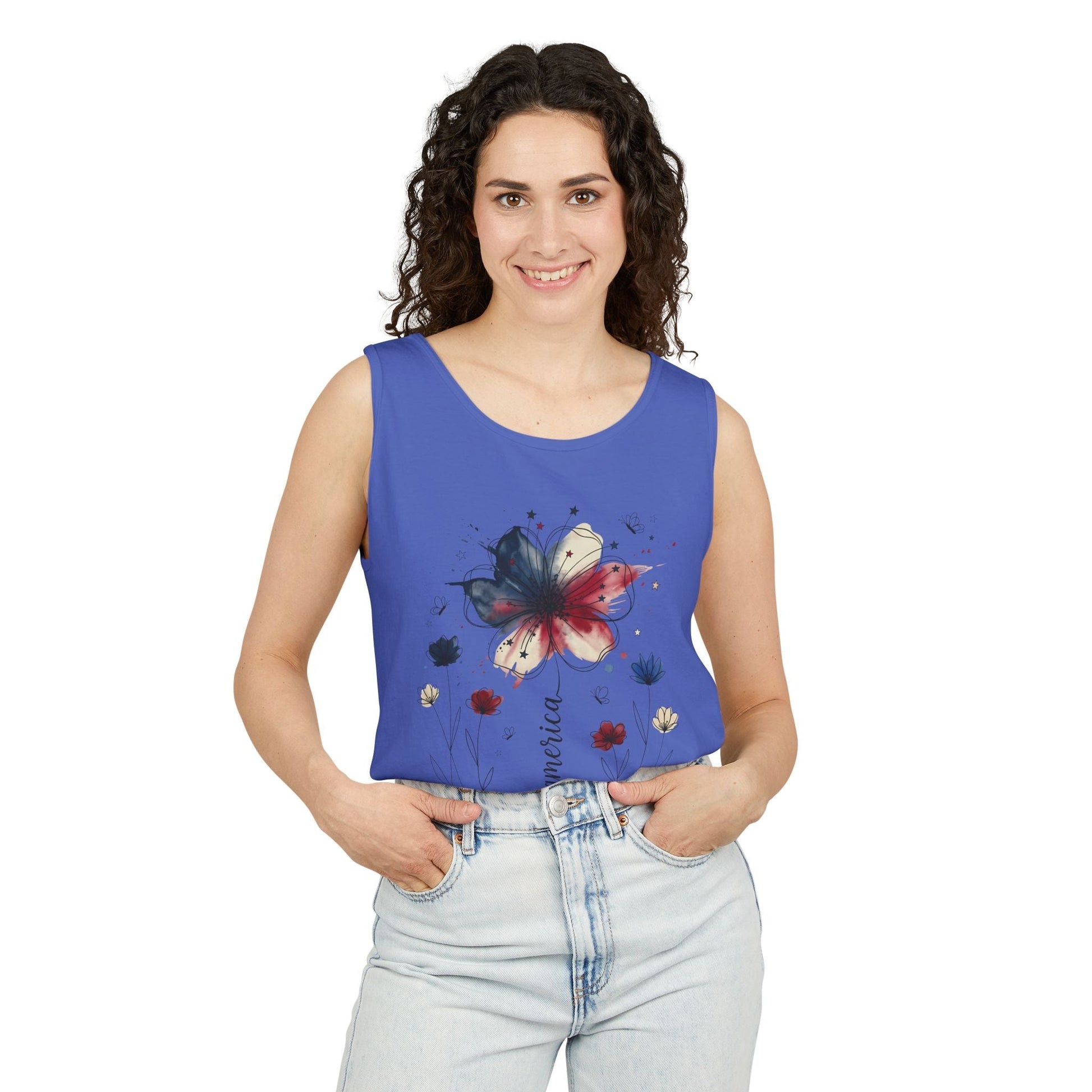 Patriotic watercolor flower tank top with indigo and rust floral design on soft cotton