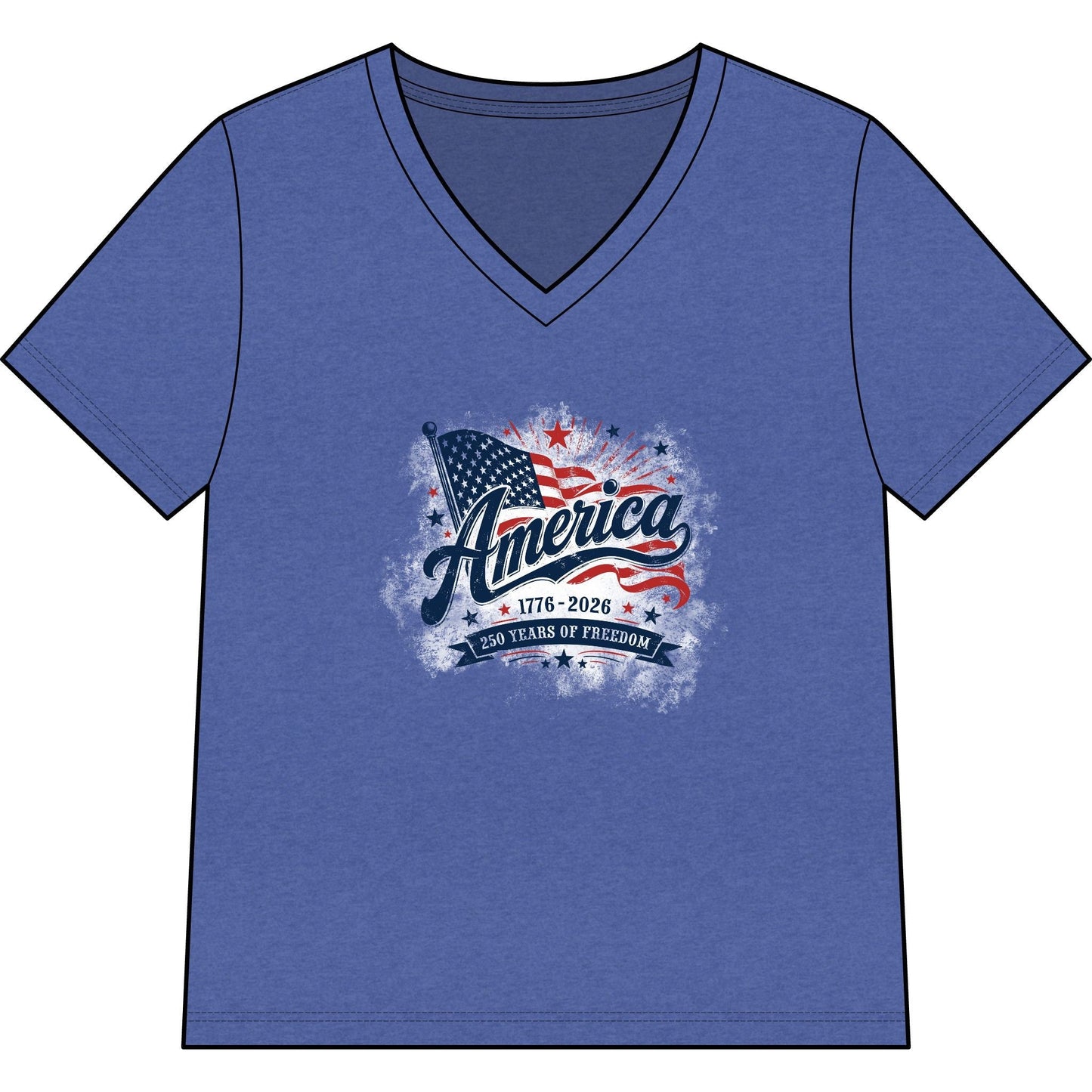 America 250 Years of Freedom women's patriotic V-neck tee with vintage American flag design