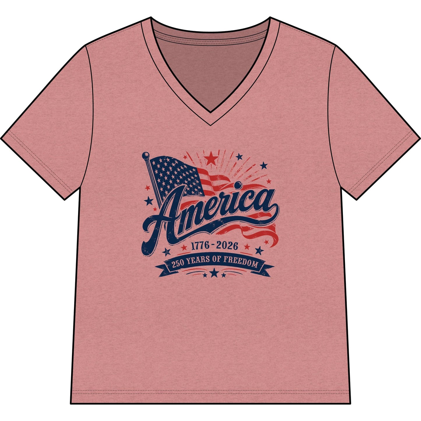 Women's patriotic V-neck tee with vintage American flag celebrating America 250 years of freedom from 1776 to 2026