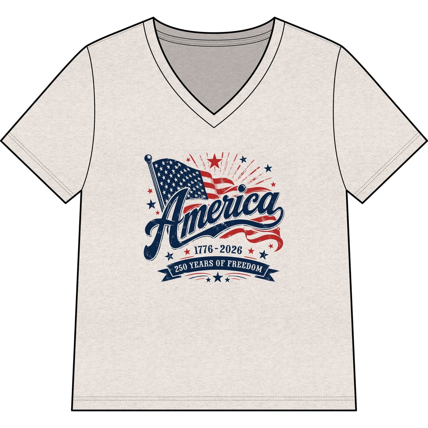 Women's patriotic V-neck tee with vintage American flag celebrating America 250 Years of Freedom milestone.