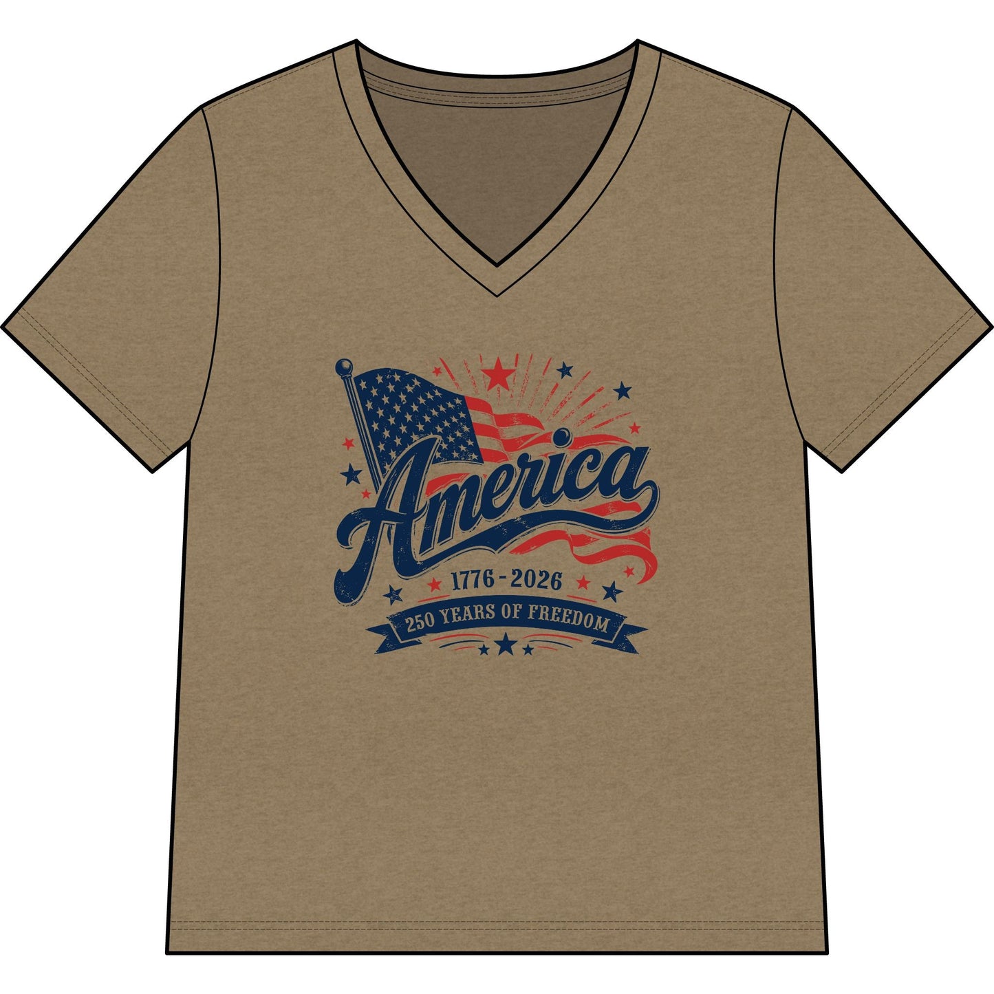America 250 Years of Freedom women's patriotic V-neck tee with vintage American flag and stars design