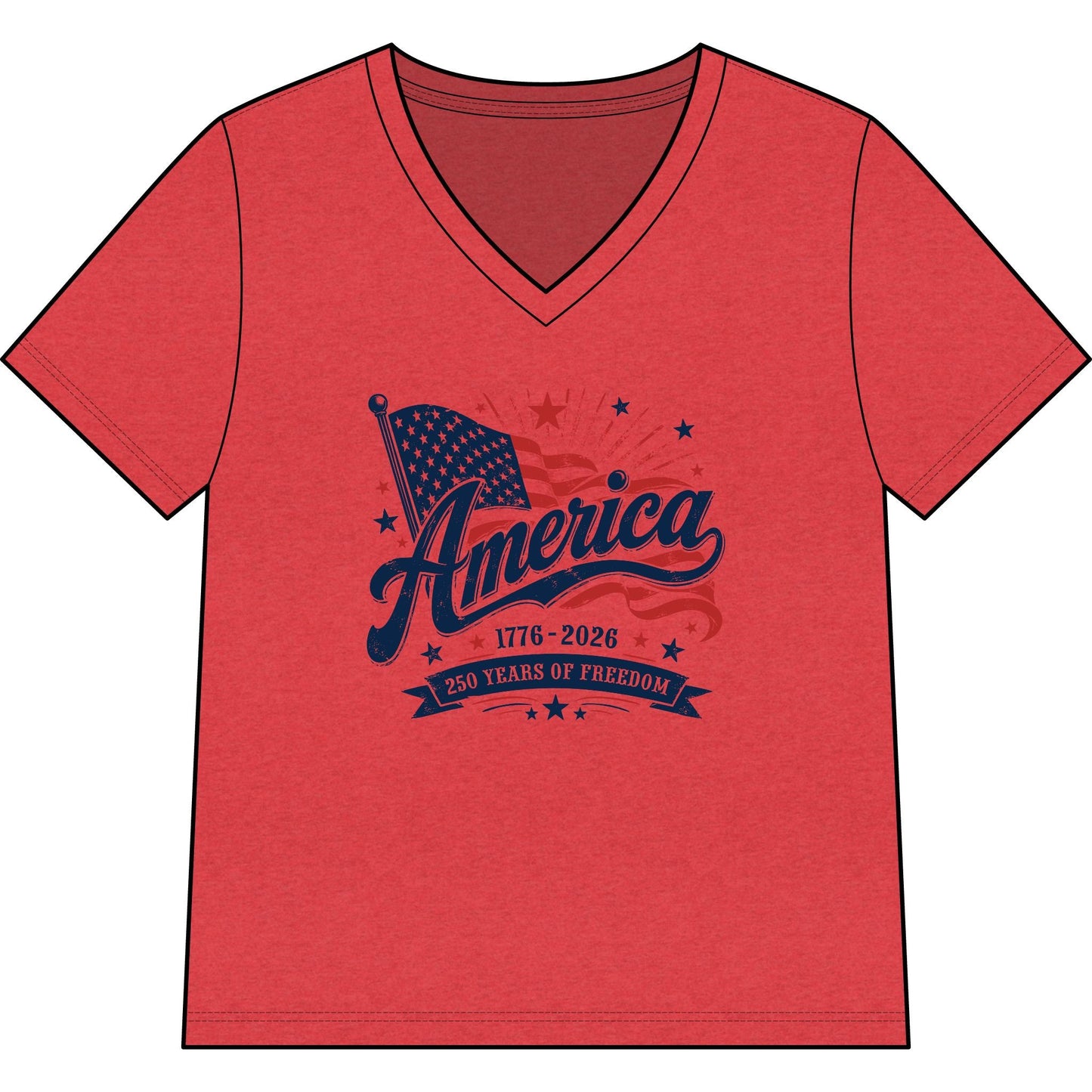 Women's patriotic V-neck tee with vintage American flag design celebrating America 250 Years of Freedom