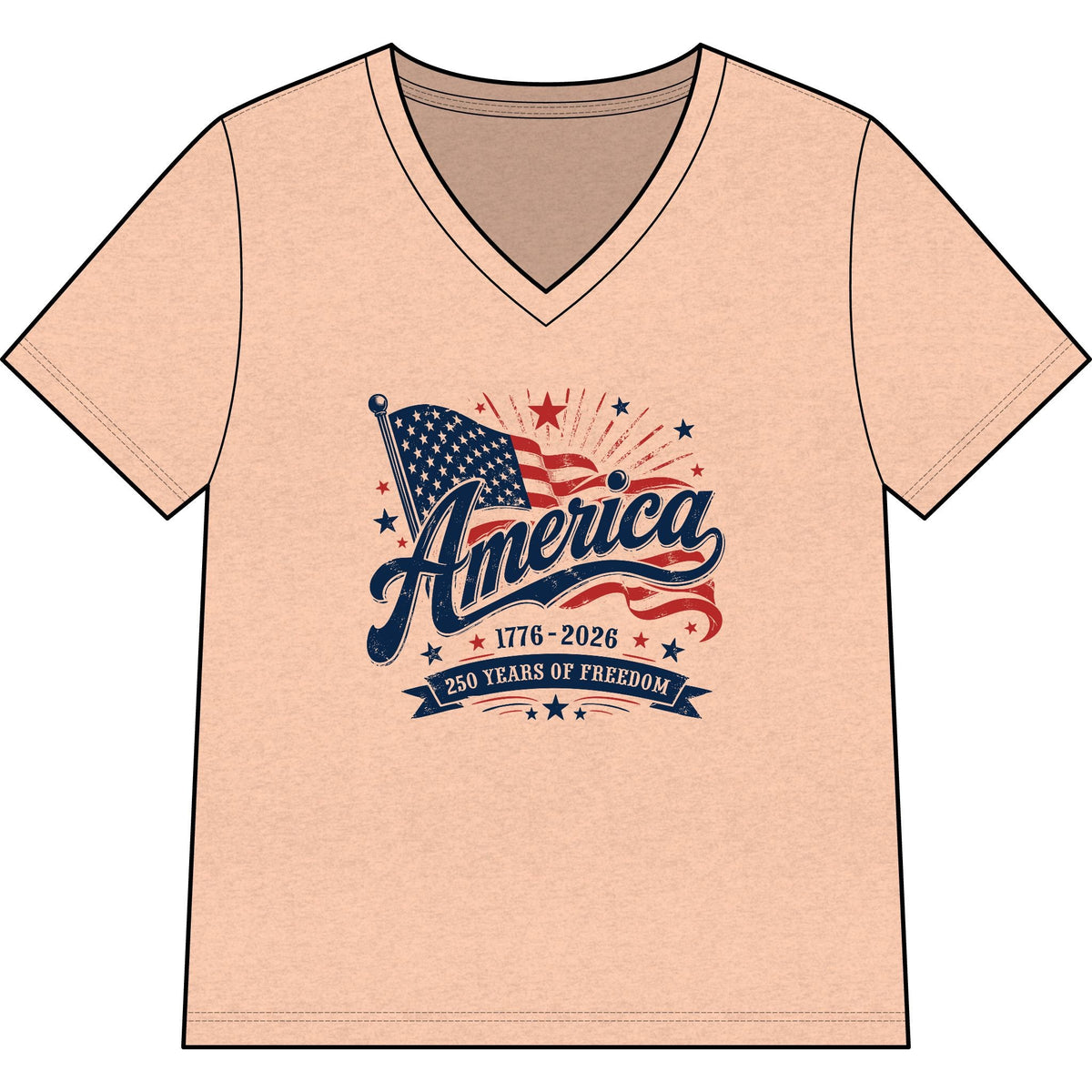 Woman wearing America 250 Years of Freedom Women's Patriotic V-Neck Tee with vintage American flag design