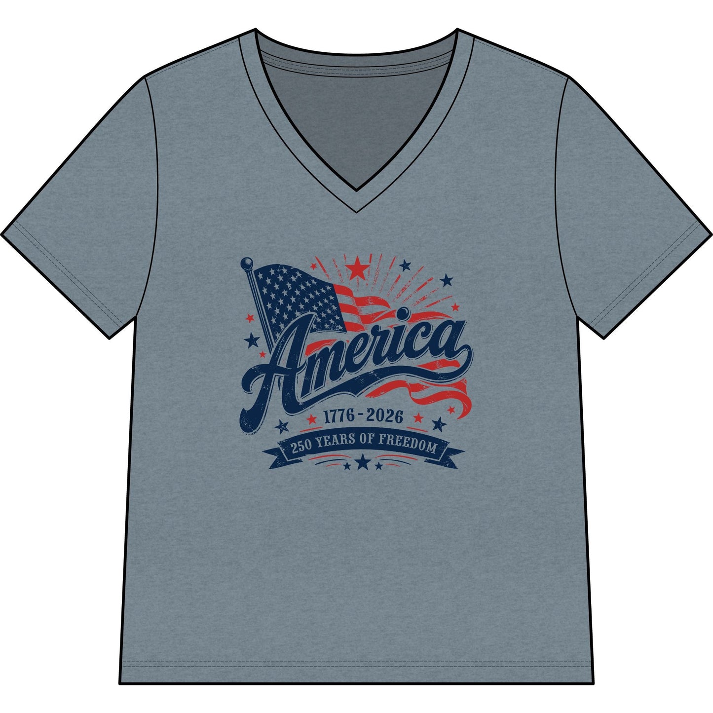 America 250 Years of Freedom women's patriotic v-neck tee with vintage American flag design