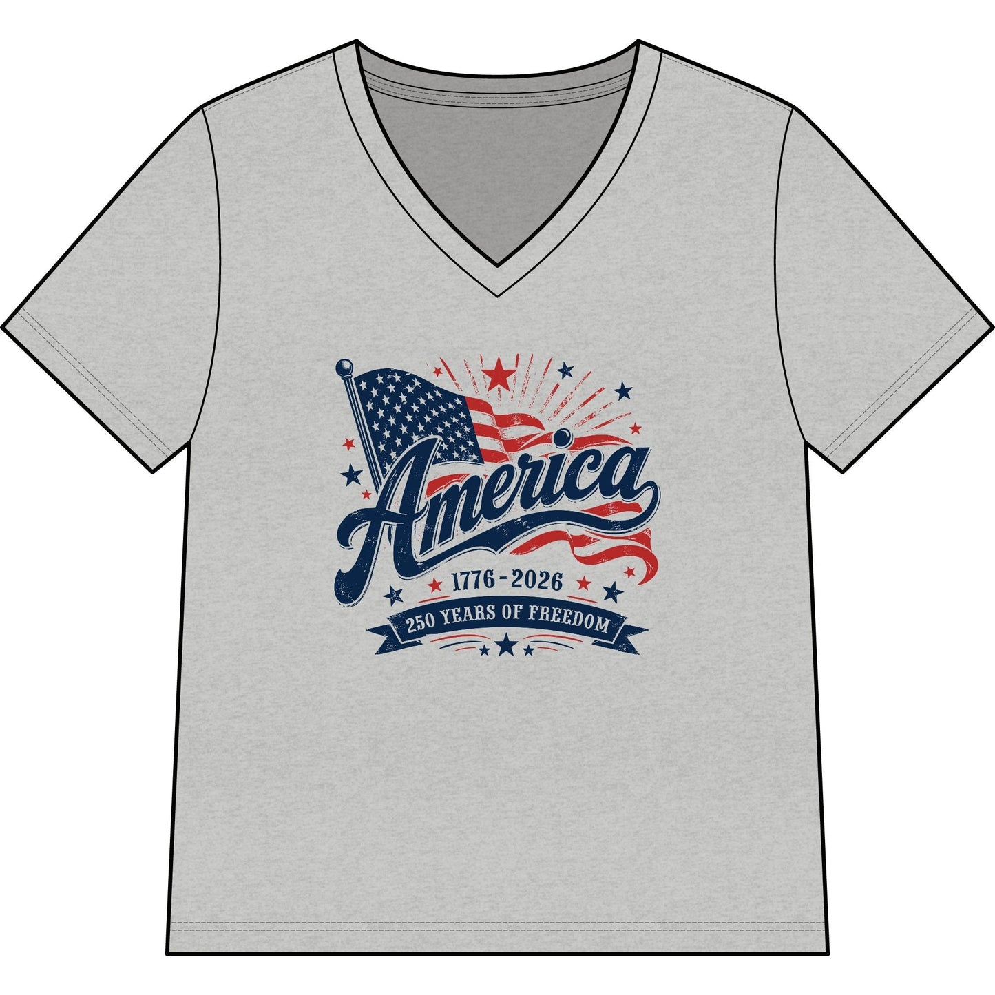 America 250 Years of Freedom women's patriotic V-neck tee with vintage American flag and stars design