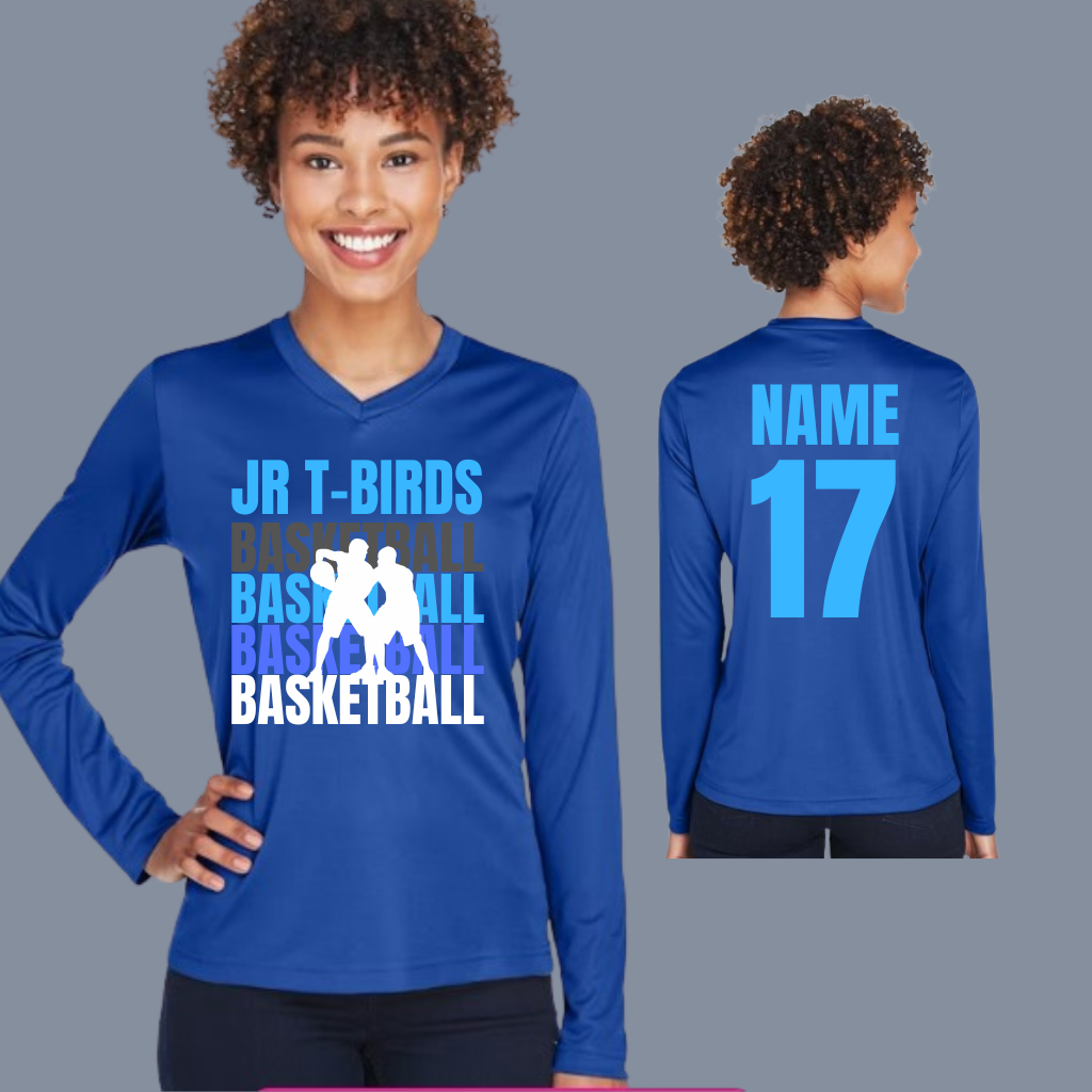 Women's V-neck long-sleeve shirt with Jr T-Birds Basketball design, customizable with name and number.