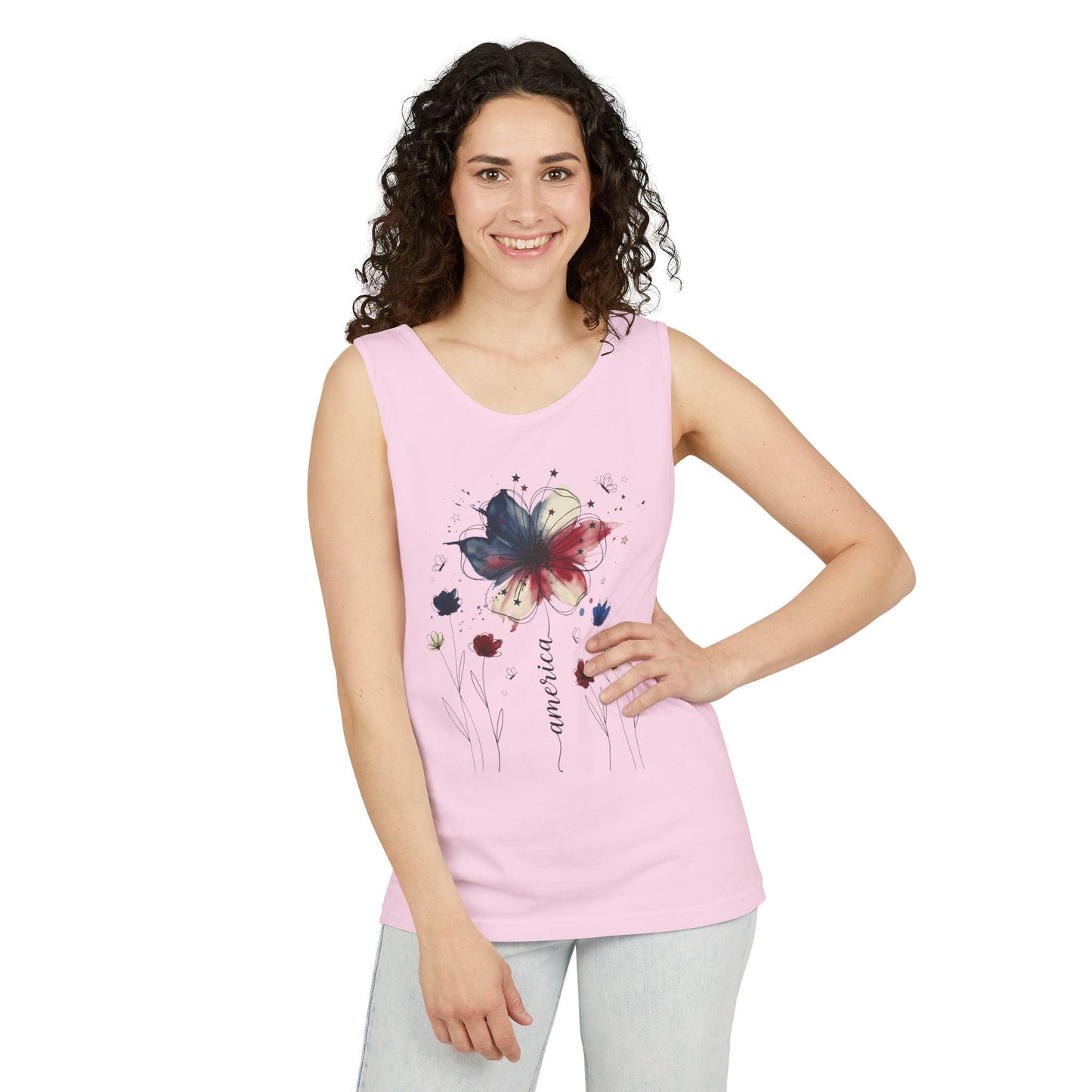 Patriotic watercolor flower tank top with indigo and rust floral graphic on soft cotton
