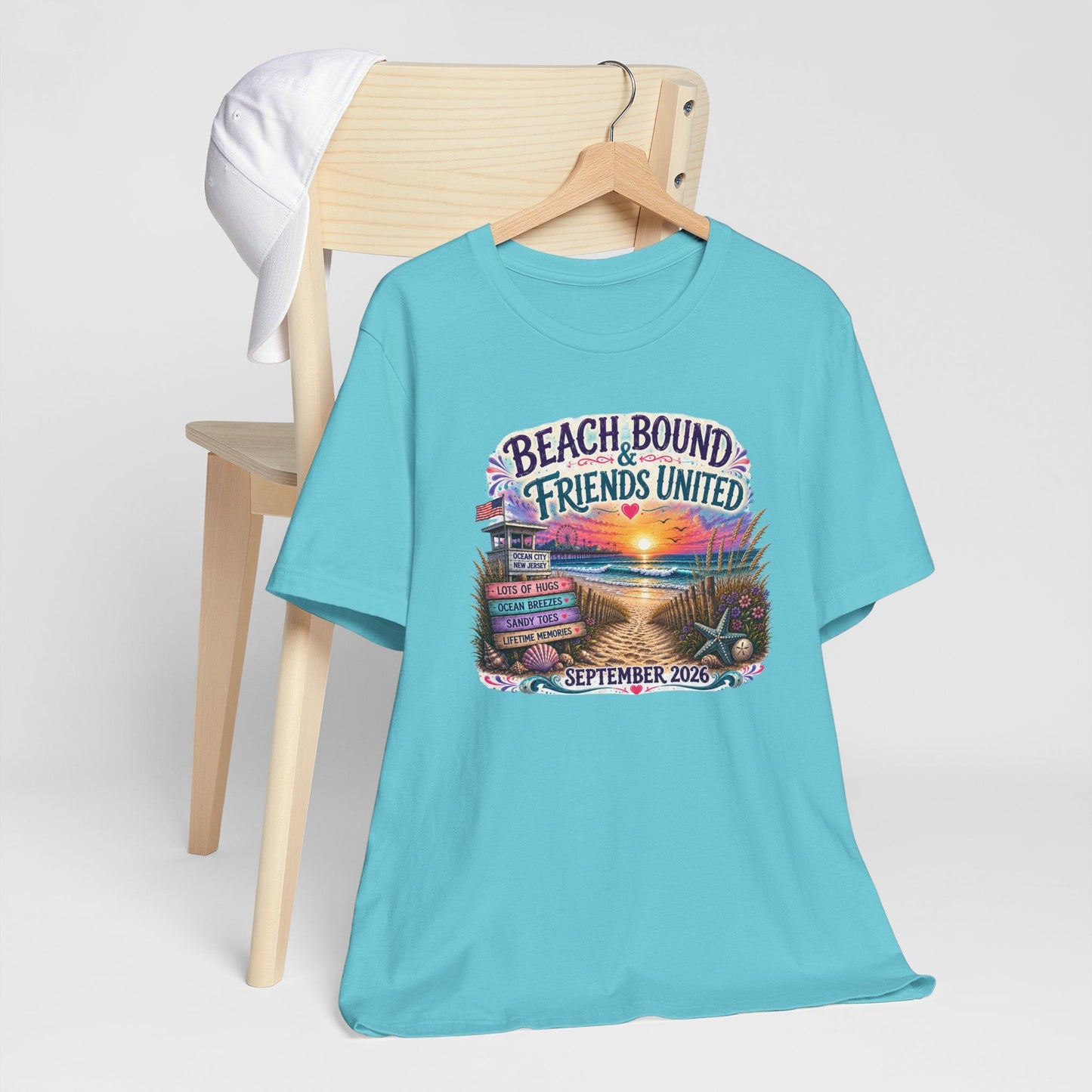 Beach Bound & Friends United Ocean City 2026 friendship tee with seaside sunset and beach path design
