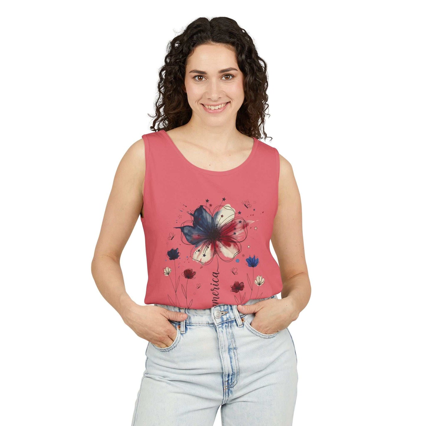 Patriotic watercolor flower tank top with indigo and rust floral design on soft, garment-dyed cotton