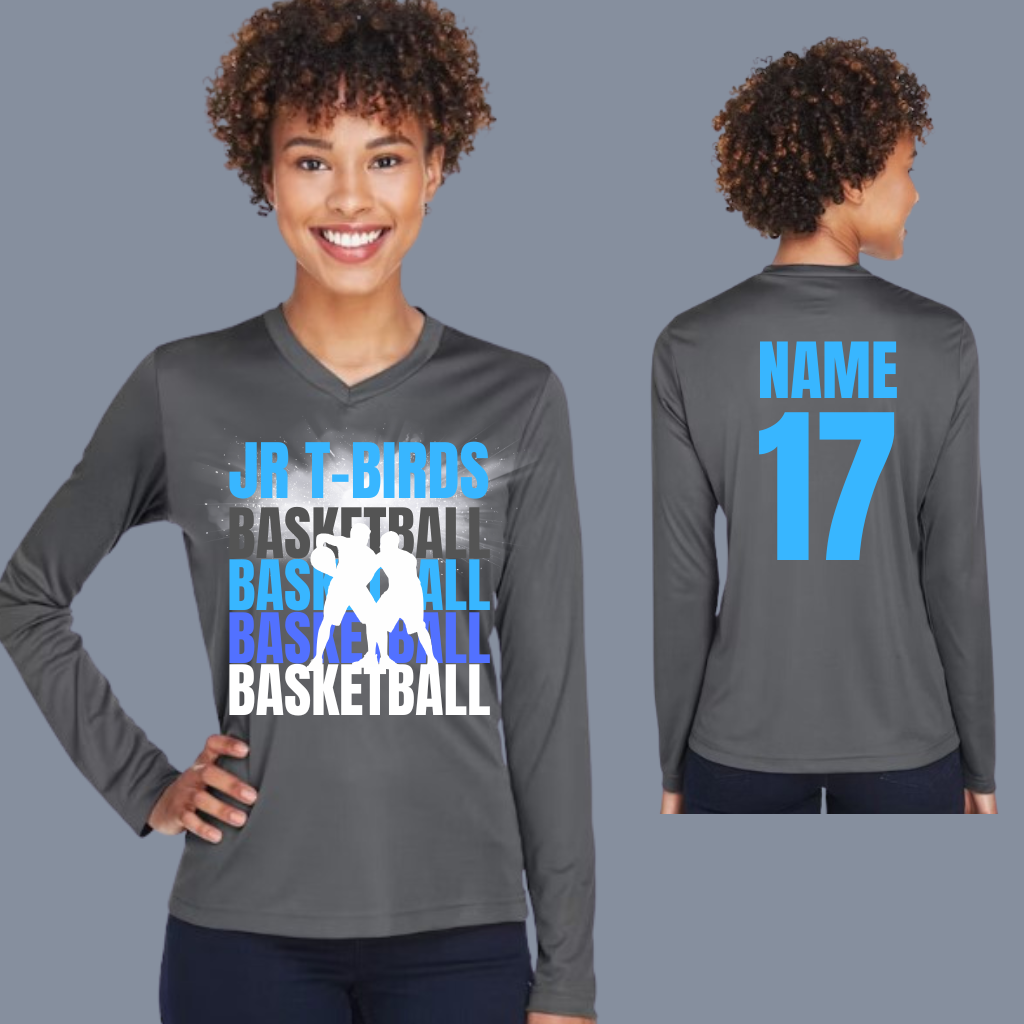 Woman's V-neck long-sleeve shirt with Jr T-Birds Basketball design, personalized with name and number, 100% polyester, UV protection.