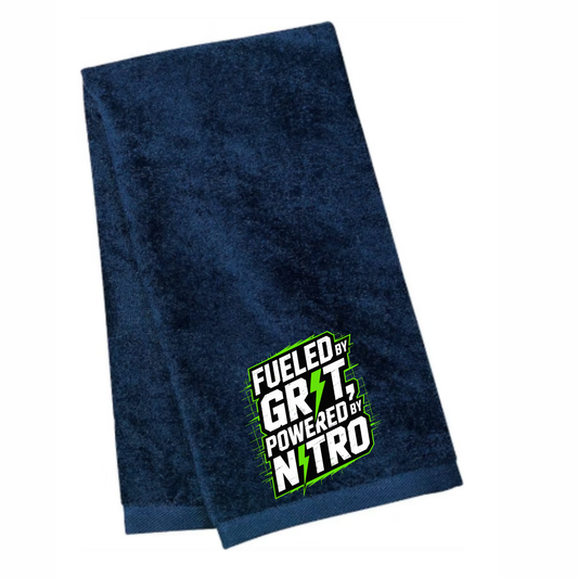 Navy Nitro Sweat Towel made of 100% cotton with full hem and custom logo, measuring 16 by 26 inches