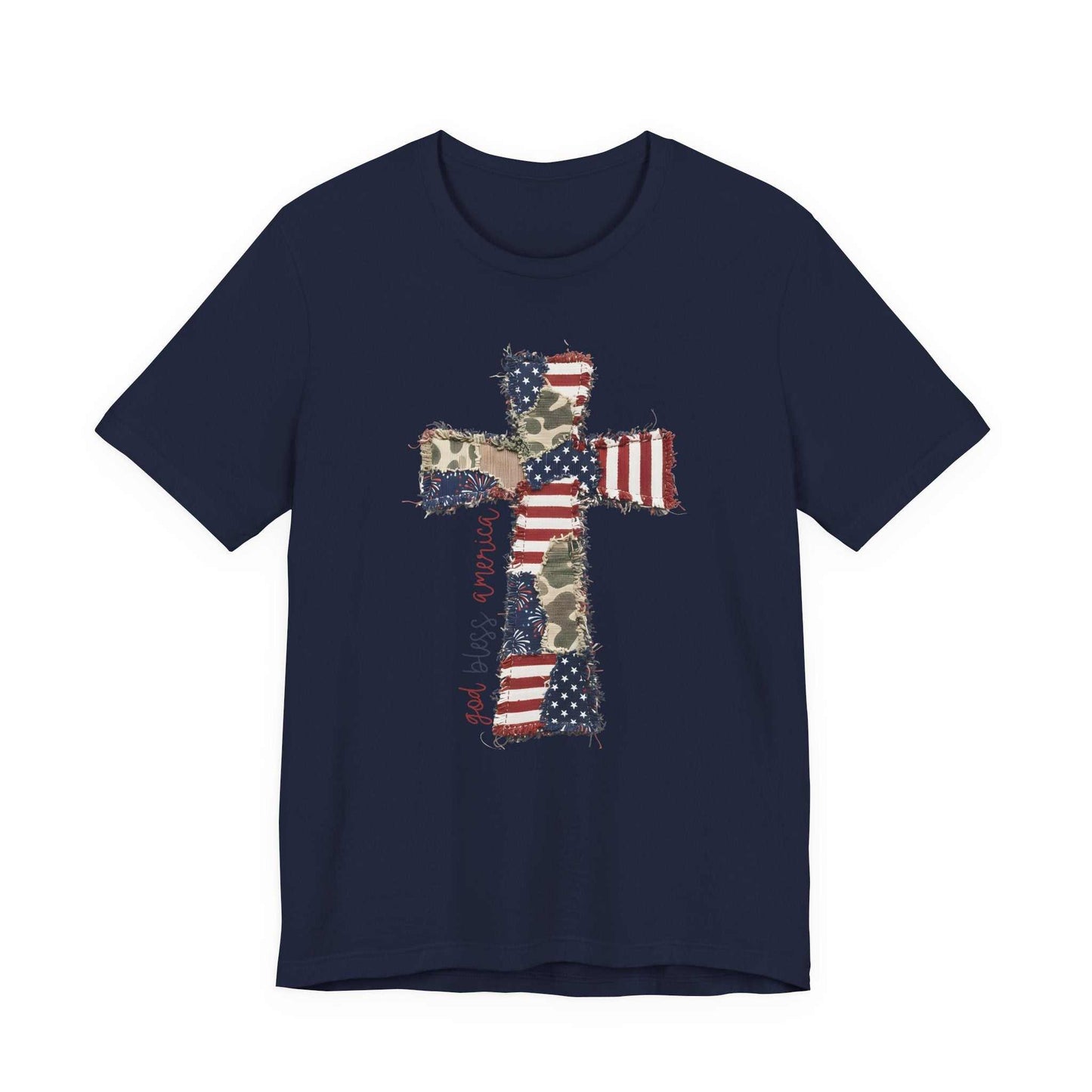 God Bless America shirt with patriotic cross and distressed American flag design