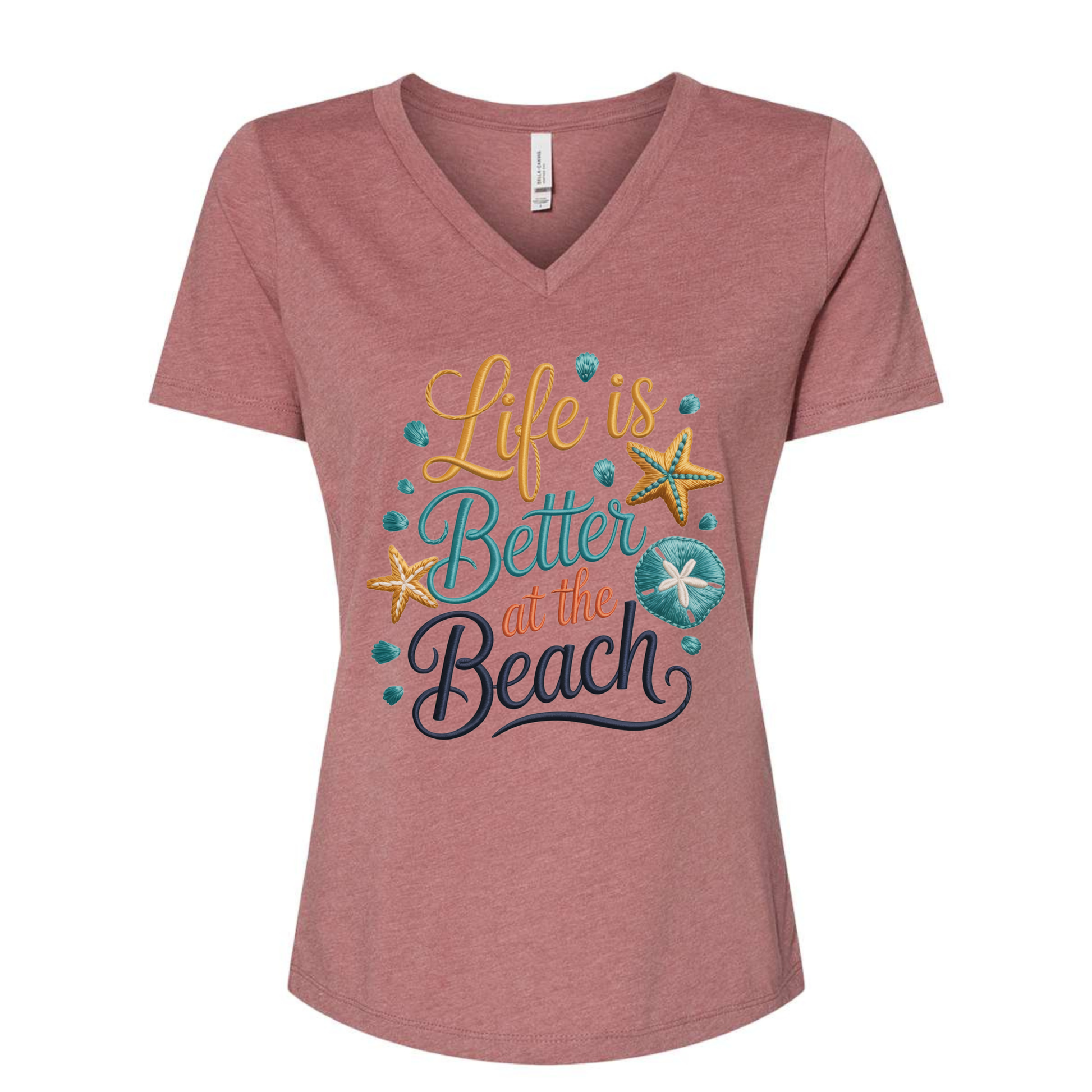 Women’s V-neck tee with Life Is Better at the Beach faux embroidered cross-stitch design featuring seashells and starfish