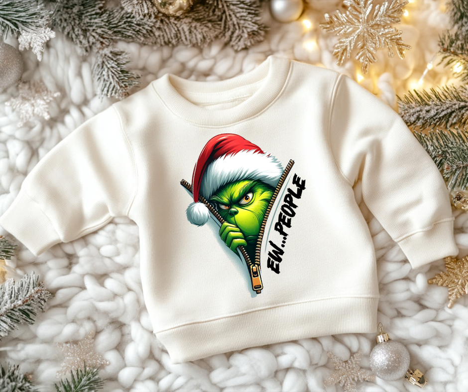 Grinch Eww People toddler sweatshirt with festive design and cozy fabric.