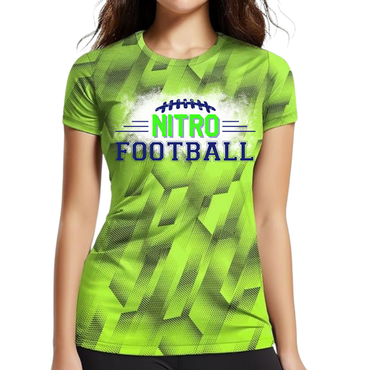 Women's Nitro Neon Green Tee with fitted design and moisture-wicking fabric featuring Nitro Football logo