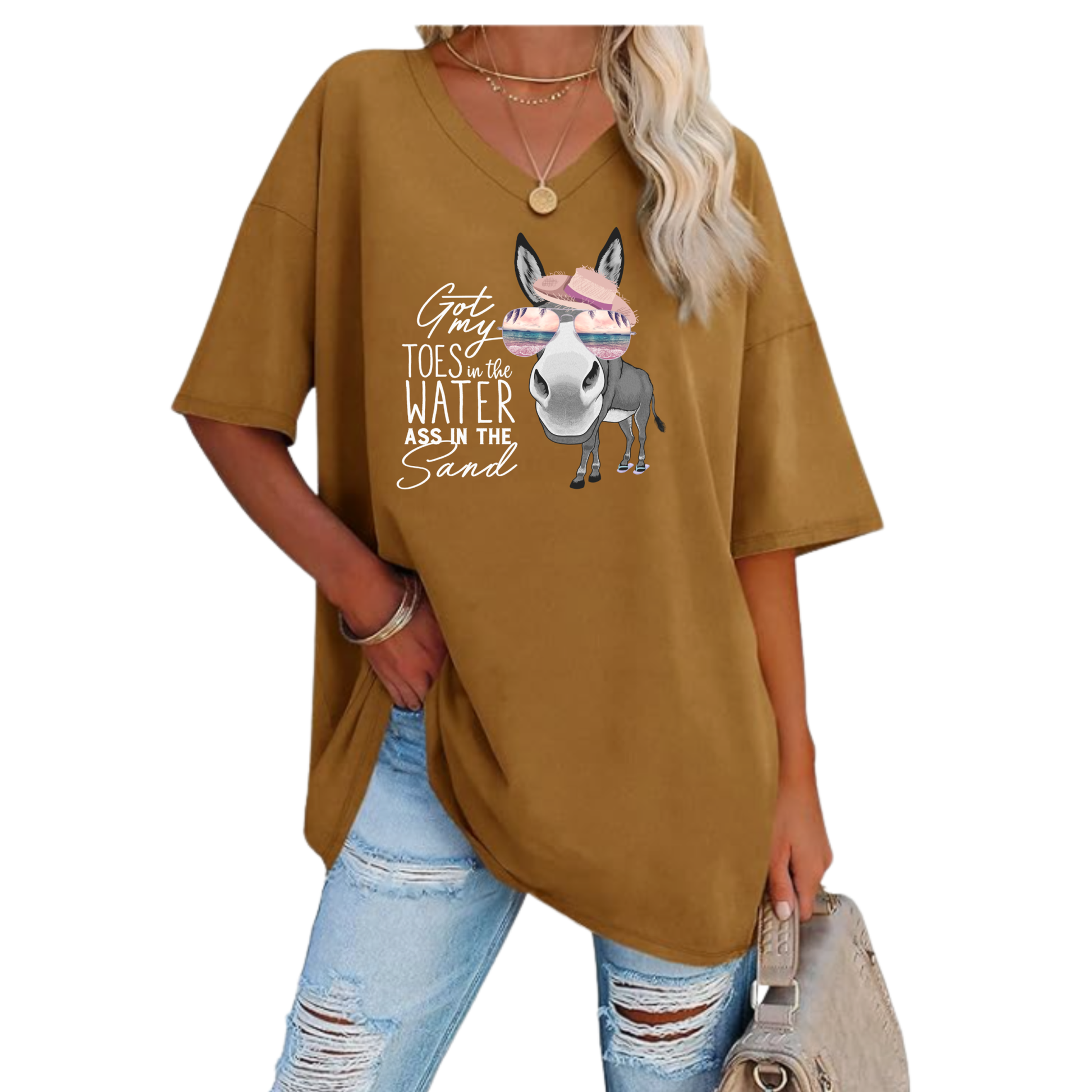 Oversized V-neck tunic tee with "Got My Toes in the Water" beach donkey graphic and relaxed fit