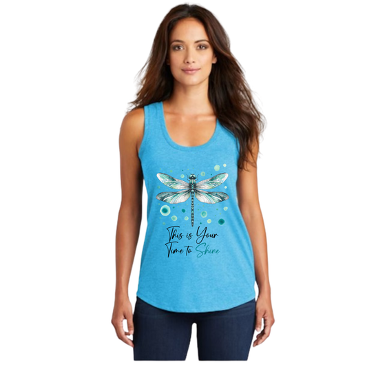This Is Your Time to Shine dragonfly racerback tank top with watercolor design and inspirational message