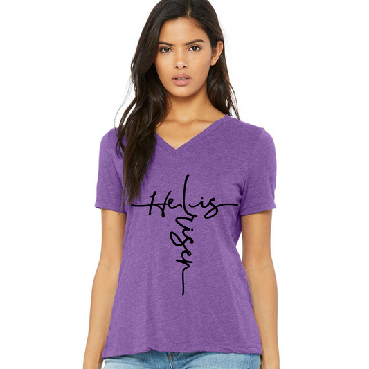 He Is Risen V-neck woman's shirt in purple featuring inspirational message.