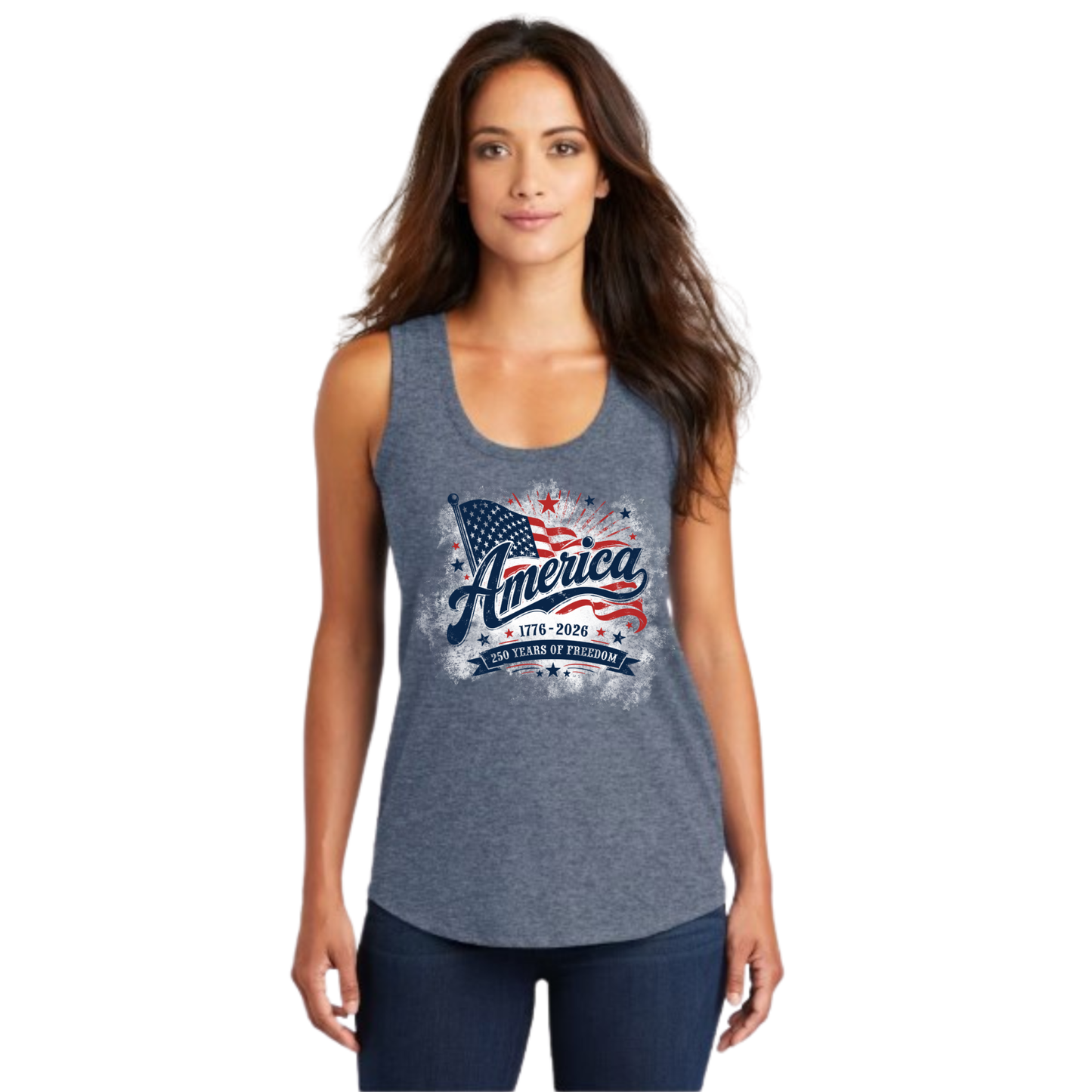 Women’s racerback tank top with vintage America 250 Years of Freedom flag design