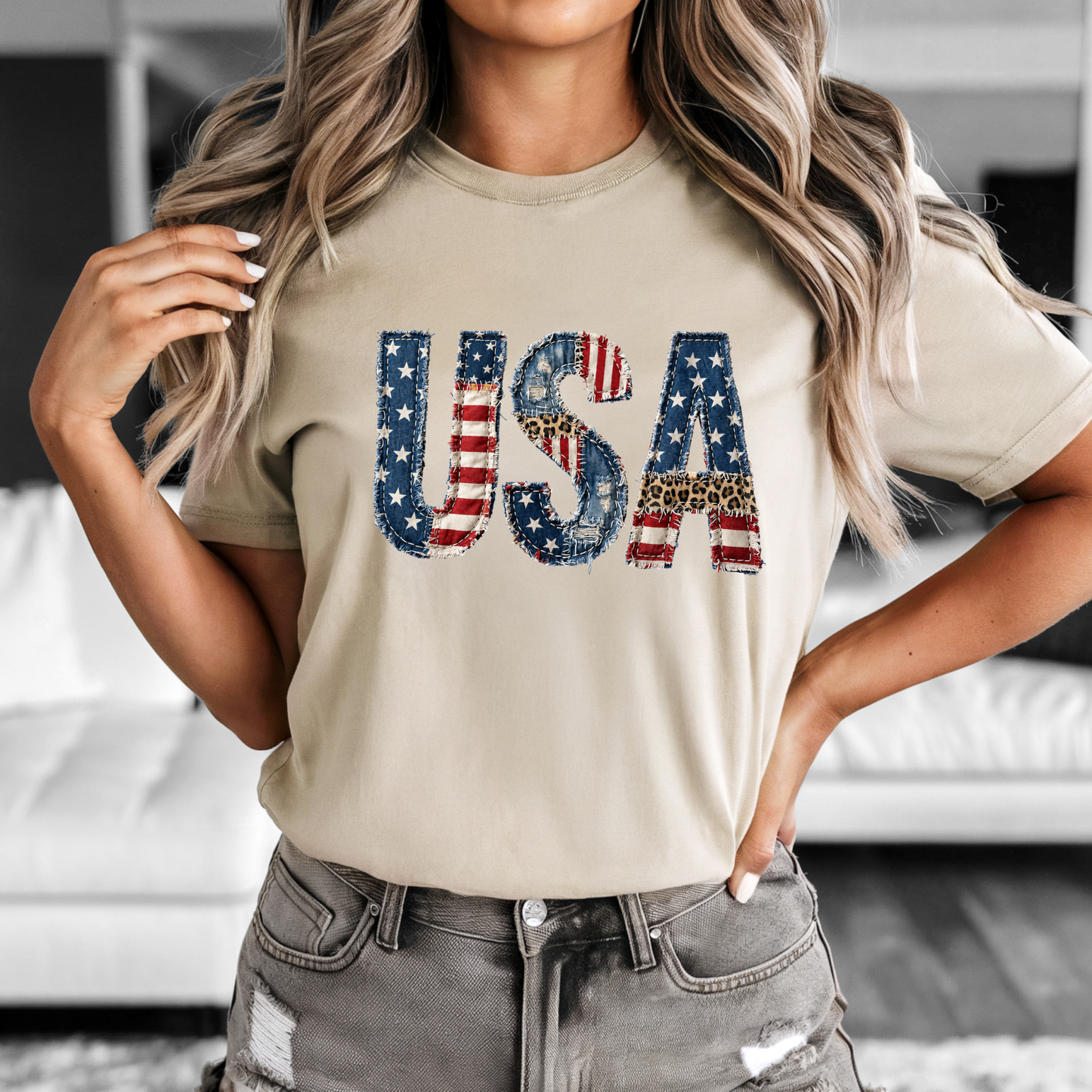 Patriotic Patchwork USA Tee with distressed denim, American flag, and leopard print accents on soft unisex t-shirt