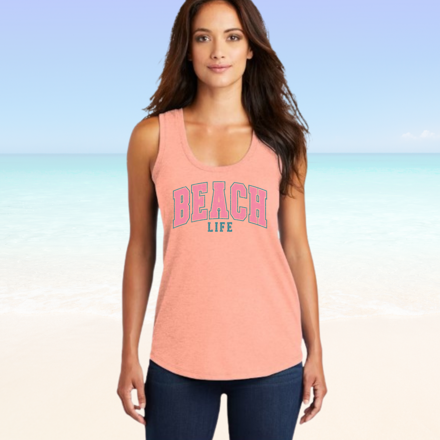 Beach Life Woman's Tank Top in soft pink with racer back design, perfect for summer style.