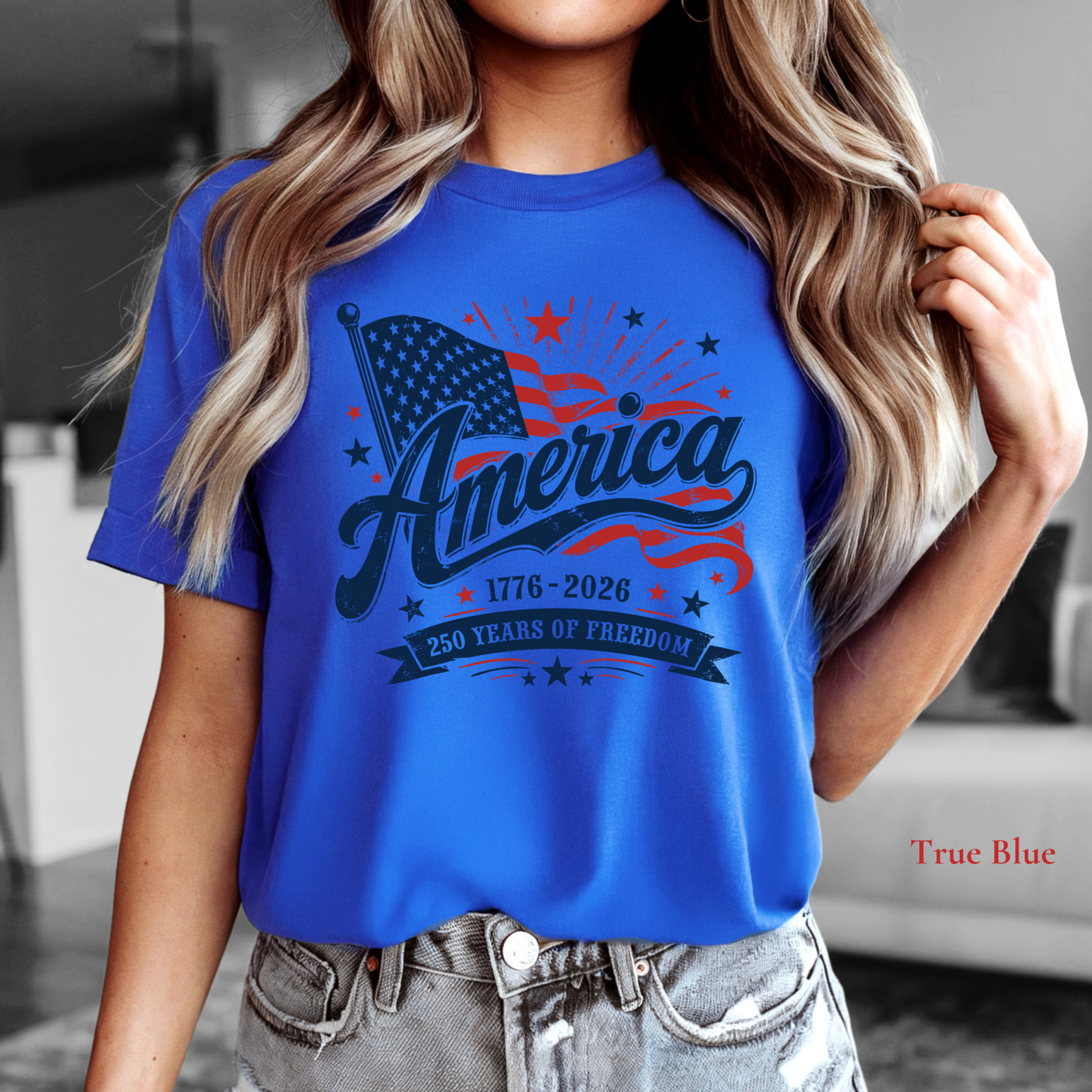 America 250 Years of Freedom patriotic tee with vintage American flag and dates 1776–2026 in red, white, and blue design