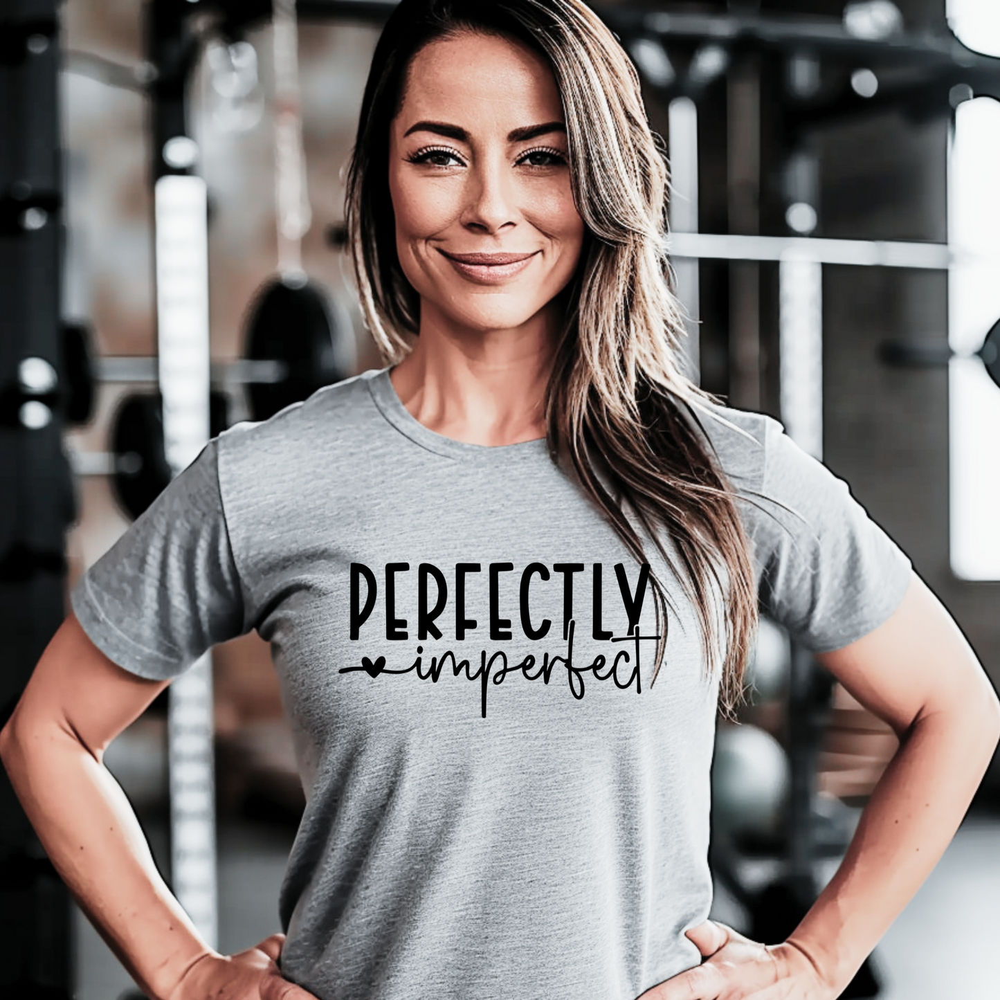 Perfectly Imperfect Tee worn by person in gym setting, promoting confidence and individuality.