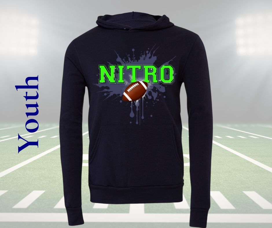 Youth Nitro Football Hoodie in navy with green lettering and football graphic on front, lightweight and soft unisex sportswear
