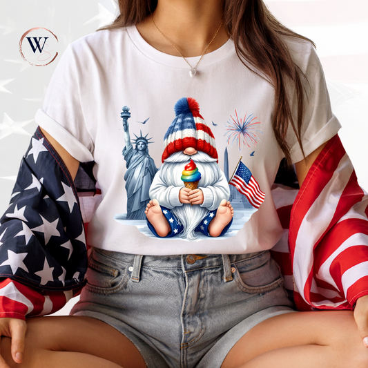 Gnome with Eagle Tee featuring Liberty Statue and fireworks design, perfect for patriotic celebrations.