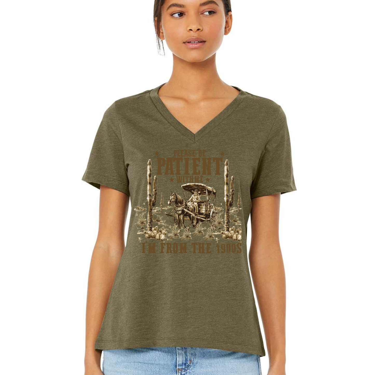 Women's vintage V-neck tee with faded 1900s graphic and relaxed fit