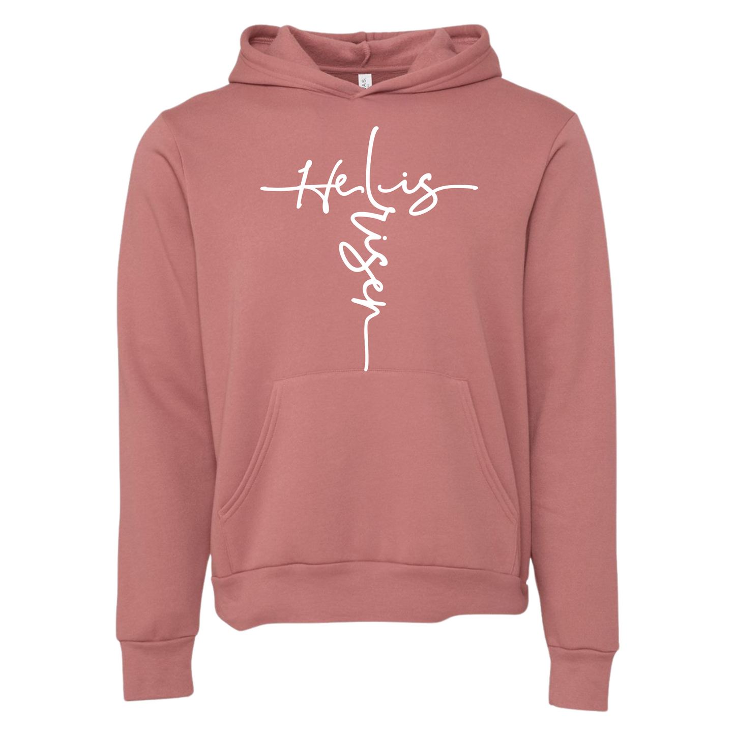 Risen Hoodie with "He Is Risen" graphic on pink background.