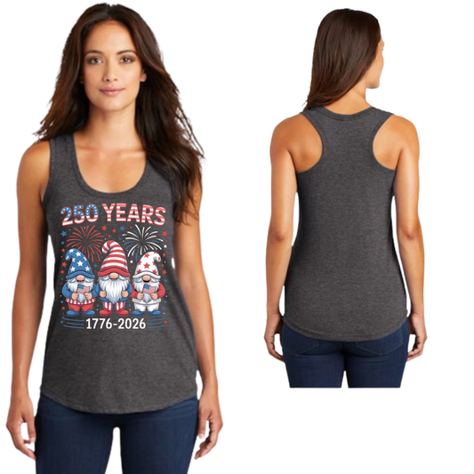 250 Years Patriotic Gnome racerback tank with red white and blue gnome fireworks design