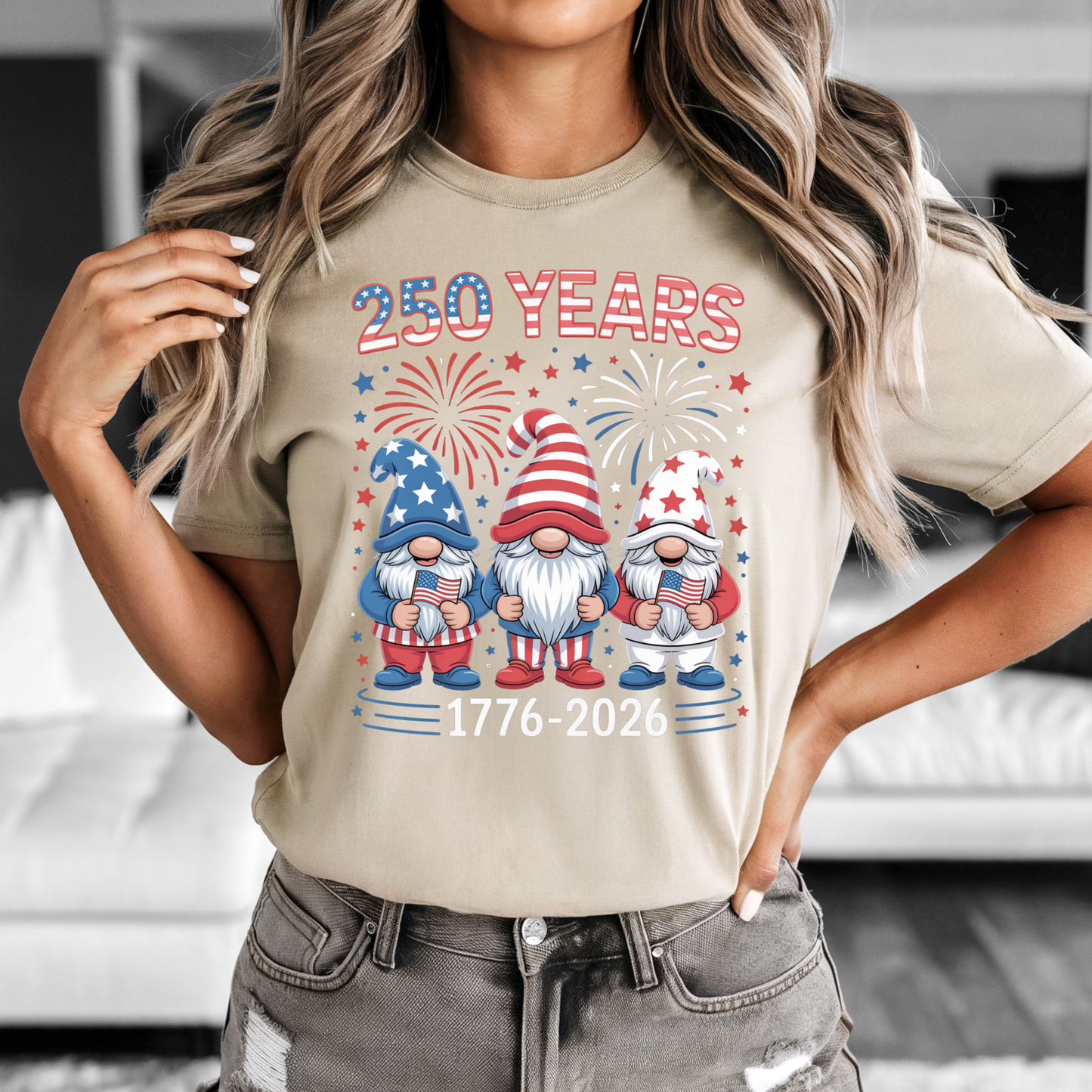 250 Years Patriotic Gnome Shirt with red, white, and blue gnomes and fireworks celebrating America's 250th anniversary
